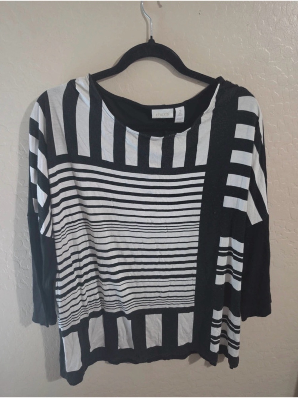 Chico's Black and White Mixed-Stripe Long Sleeve Top